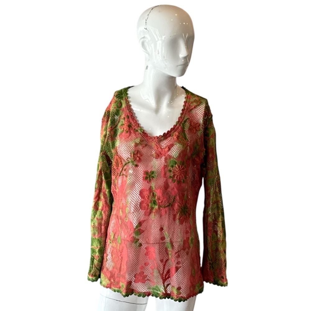 Raj Boho Floral Embroidered Coral & Green Cotton Mesh Tunic Size Medium